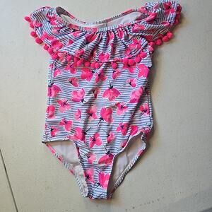 Nicole Miller NY toddler 1 piece striped flower bathing suit w/ Pom Pom trim 6